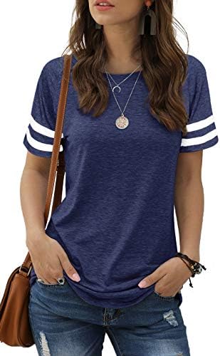 Womans Summer T Shirts Loose Fitted Dressy Side Slit Tunics Graphic Blue XXL