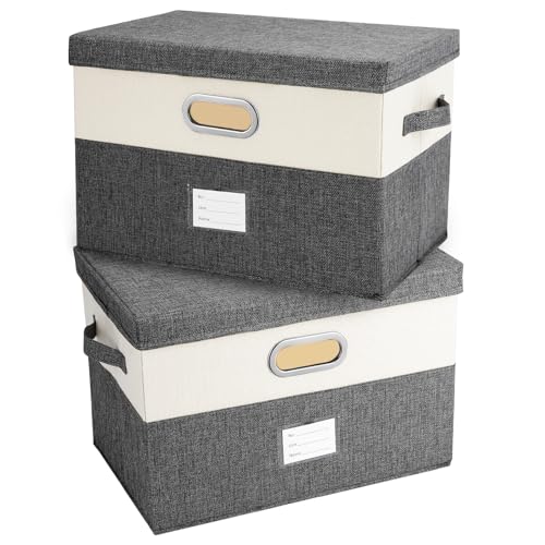 Image of Large Linen Fabric Foldable Storage Bins with Removable Lid and Handles, Washable Storage Box Organizer Containers Baskets Cube with Cover for Bedroom,Office(grey&cream, Large(2-Pack))