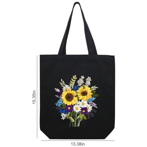 Image of Canvas Tote Bag Silk Ribbon Embroidery Kit for Beginners, Arts and DIY Crafts Kits with Pattern for Adults, Include Stamped Flower Pattern, Hoop, Color Silk Ribbons and Tool (Black Bag, Sunflower)