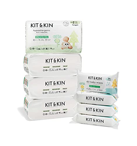 Kit & Kin Paquete de iniciación – Pañales ecológicos hipoalergénicos tamaño 2 y toallitas ecológicas para bebés (borde)