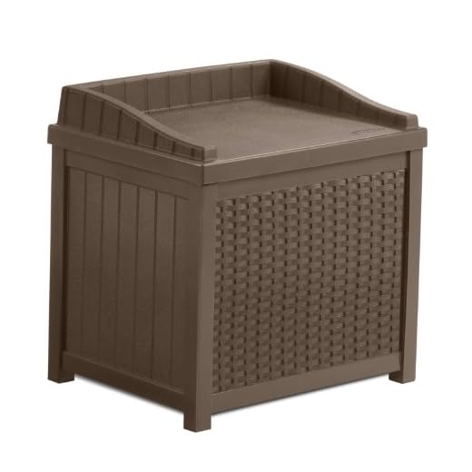 Suncast 22-Gallon Small Deck Box - Lightweight Resin Indoor/Outdoor Storage Container and Seat for Patio Cushions, Gardening Tools and Toys - Store Items on Patio, Garage, Yard - Mocha Wicker