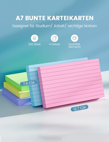 Karteikarten A7 Liniert, 250 Stück A7 Karteikarten Vokabelkarten, Bunt Lernkarten Beschriftbar Liniert Flash Cards A7 Verdickter Karteikarte, Klein Karteikarten für Vokabeln Rezepte Englisch Vokabeln
