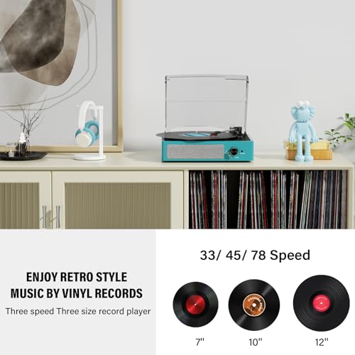 Image of Record Player for Vinyl with 2 Build-in Speakers LP Vinyl Players Belt-Driven Vintage Turntables 3 Speed 3 Size, Wireless Bluetooth Playback, AUX-in, RCA Out, Headphone, Auto Stop Sea Blue