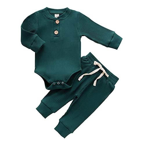 Image of Aweyoo Newborn Baby Boy Girl Clothes Unisex Solid Cotton Long Sleeve Knitted Ribbed Romper & Pants Set Infant Winter Outfits