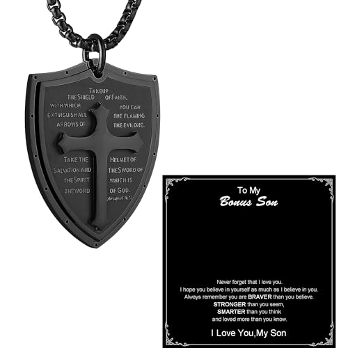 HZMAN Shield Armor of God Ephesians 6:16-17, Faith Cross Stainless Steel Pendant Necklace