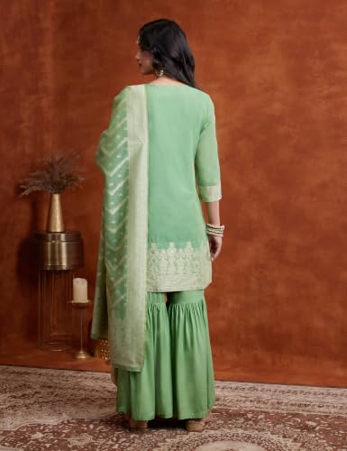 Image of Amazon Brand - Myx Women's Jaquard Embroidered Kurta And Sharara Set With Dupatta | Sharara Suit Set (Available In Plus Sizes)