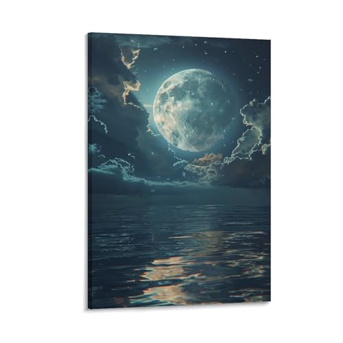 絵画 満月の下の海 アートパネル ポスター 夢のような光景 インテリア 絵画 モダン 風景画 装飾画 玄関 壁掛け キャンバス 飾り絵 シリーズ アートボード 部屋飾り 壁飾り 壁の絵 ソファの背景絵画 木枠付きの完成品 60x90cm