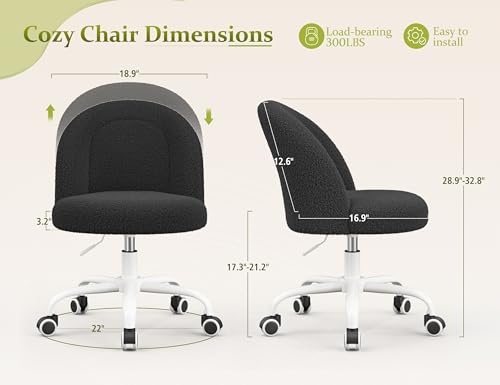 Image of DurayLoly Vanity Chair with Back, Cute Desk Chair with Wheels, Armless Chair with Height Adjustable & 360 Swivel, Soft Lumbar Support for Small Space, Bedroom, Black