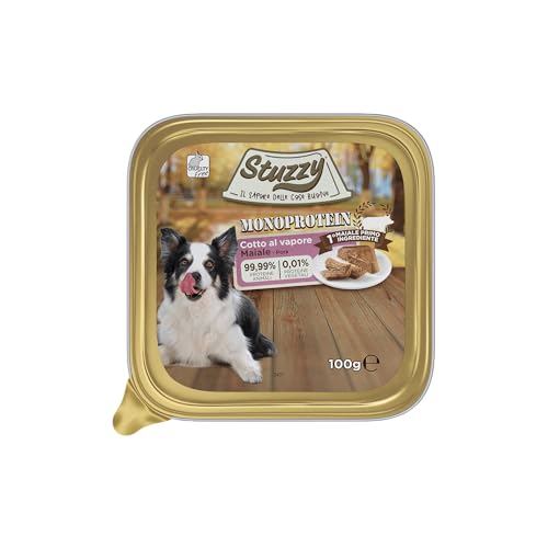Stuzzy Monoprotein Alimento Umido per Cani Gusto Maiale, 99,9% Proteine Animali, 0,01% Proteine Vegetali, Cotto al Vapore, Alimento Completo per Cani, 16 x 100g