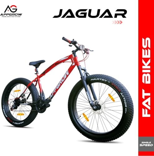 Image of Jaguar Fat Bike 21 Speed Multi Front Suspension Dual Disc Brake Branded Tyre 26 T Fat Tyre Cycle (21 Gear, Red, Black, Only Front Suspension)