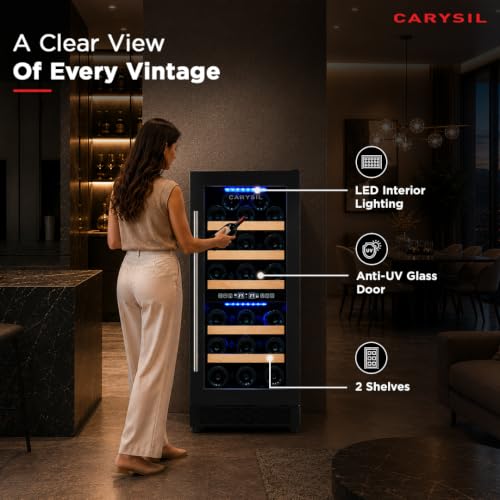 Image of Carysil Wine Chiller CW-31, 87 L Wine Cooler for up to 31 Bottles, Dual Zone Wine Refrigerator with 3-20C Temperature Control, LED Touch Control & Anti-UV Glass