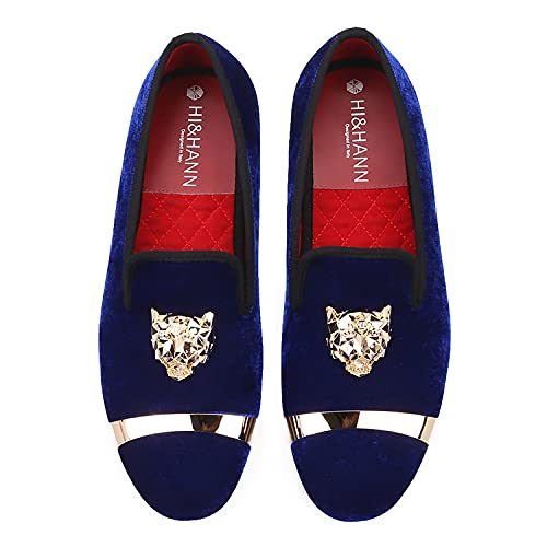 HI&HANN Loafers Men Velvet Shoes with PP Tiger and Gold Buckle Men Dress Shoe Smoking Slippers-6-Blue