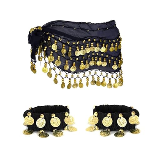 XDGBGFN magdans höftduk med armband, damer magdans accessoarer bälte chiffong höftduk magdans höftduk midjebälte, svart, one size