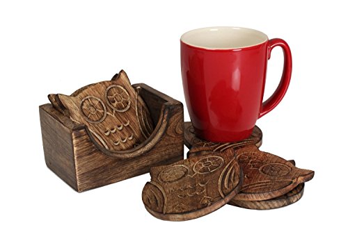 STORE INDYA Handmade Owl Shaped Wooden Bar Coasters with Holder (Set of 4)