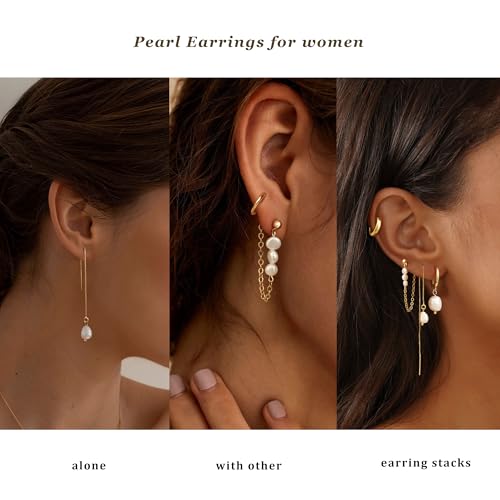 Gold Pearl Hoop Earrings for Women Non Tarnish – 14K Gold Plated Hypoallergenic Huggie Dangle Drop Earrings Set for Multiple Piercings & Cartilage, Trendy Jewelry Gift - Image 3