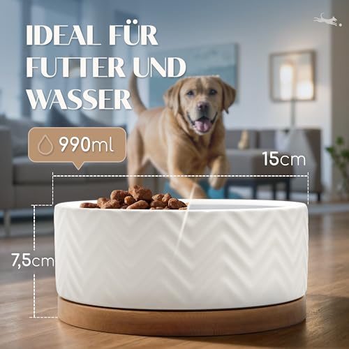 FREUDENTIER Hundenapf aus Keramik mit Bambus-Boden - 990ml - rutschfest & spülmaschinenfest - Moderner Futternapf/Fressnapf für Grosse Hunde & kleine Hunde - Napf Hund (Weiß, 1x)