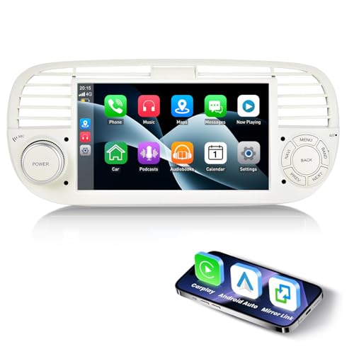 ESSGOO 4+64G Car Stereo Wireless Autoradio Android 14 Carplay and Android Auto For FIAT 500 2007-2015 with 7 inch HD Touchscreen Bluetooth FM GPS Navigation RDS WiFi USB White