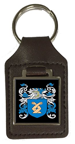 Porte-clés en cuir marron gravé avec le blason de votre famille en haute finition