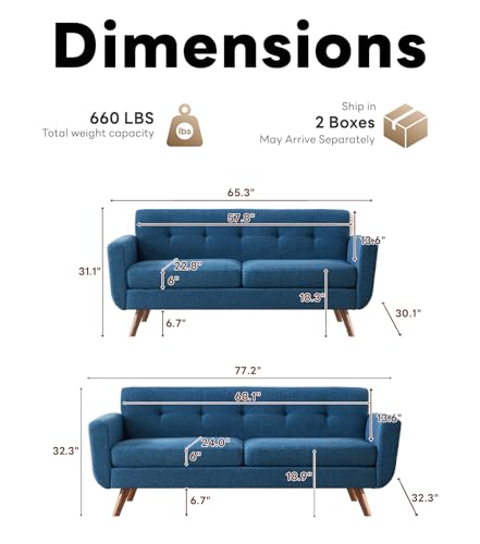 Tbfit Mid Century Modern Sofa Couch, Blue, Loveseat & Standard Sofa