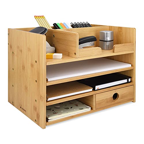 Navaris Bamboo Desk Organiser - Wooden Desktop Storage Drawers and Compartments for Organising Stationery, Documents, Files, Office Accessories
