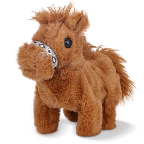 Comnonage Walking Pony Toy Interactive Horse Plush Toy Stuffed Animal with Sound Shaking Tail 7 Cute Tummy Time Toys Walking Horse Plushie Christmas Birthday Gifts for Toddlers & Kids Brown