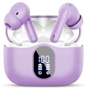 Wireless Earbuds Bluetooth 5.3 Headphones Bass Stereo Ear Buds with Noise Cancelling Mic LED Display in Ear Earphones IP7 Waterproof 36H Playtime for Laptop Pad Phones Sports Workout Purple