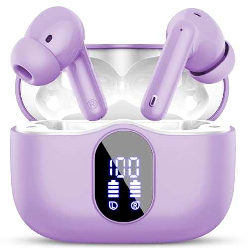 Wireless Earbuds Bluetooth 5.3 Headphones Bass Stereo Ear Buds with Noise Cancelling Mic LED Display in Ear Earphones IP7 Waterproof 36H Playtime for Laptop Pad Phones Sports Workout Purple