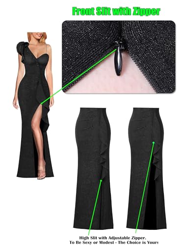 Image of VFSHOW Womens Formal Prom Elegant Ruffle One Shoulder Beaded Strap Ruched Slit Maxi Dress Wedding Evening Long Gown