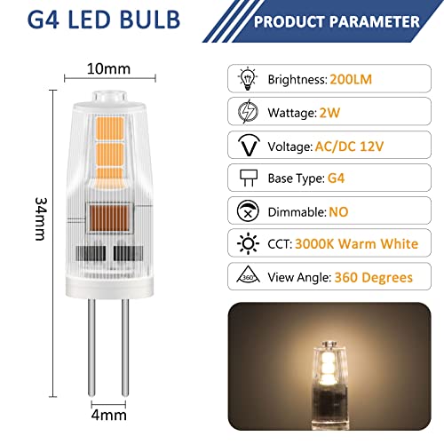 Caldarax 6 Pack G4 LED Bulbs 2W, AC/DC 12V, Equivalent to G4 20W Halogen Bulb, Warm White 3000K, 200LM, Non-Dimmable - Image 2