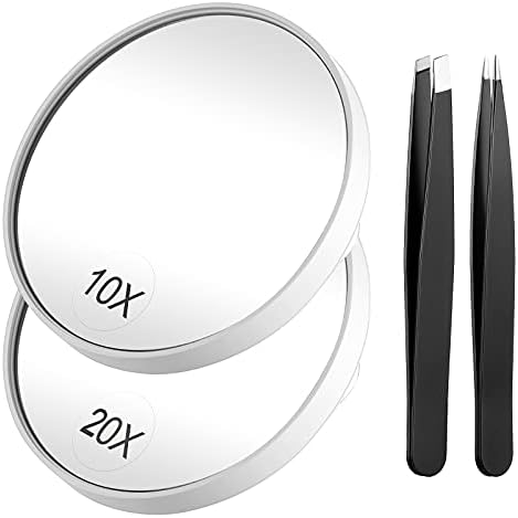 Funtopia Magnifying Mirror and Tweezers Kit, 10X & 20X Magnifying Makeup Mirrors with 2 Suction Cups, Portable Magnifier Travel Set for Eyebrow Tweezing, Blackhead Blemish Removal, 3.5 Inch (Mirror)