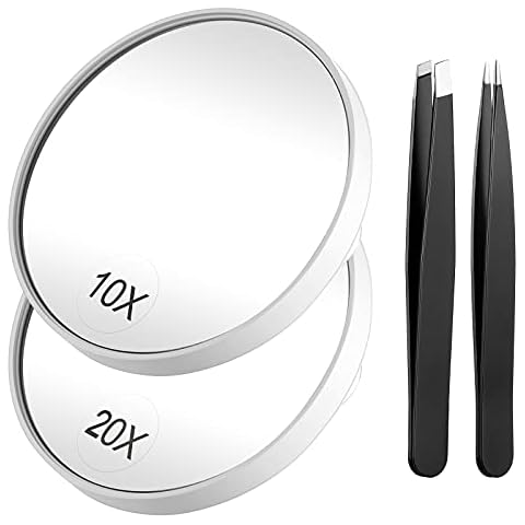 Funtopia Magnifying Mirror and Tweezers Kit, 20X/10X Magnifier Compact Mirrors with 2 Suction Cups, Travel Mirror for Makeup, Eyebrow Tweezing, Blackhead Blemish Removal (3.5 Inch, White) Cover
