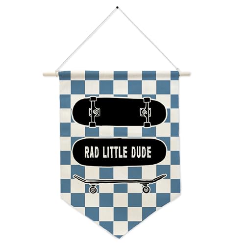 Image of NQDWX Rad Little Dude Pennant Flag - Cool Retro Kid's Room Wall Decor, Hanging Banner for Boys Room, Checkerboard Nursery Decor, Unique Gift. (006)
