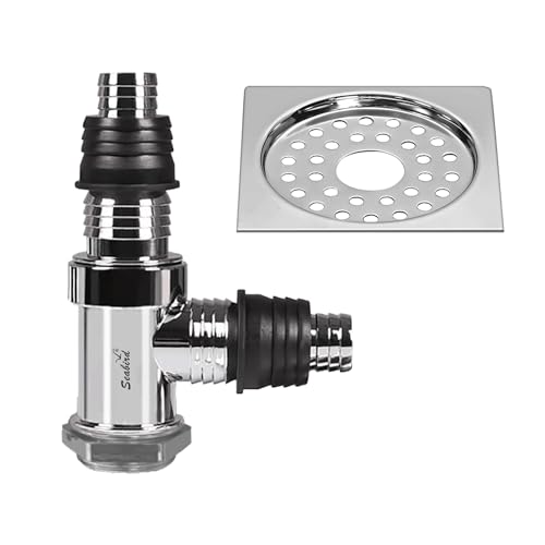 Image of SEABIRD ABS T-Connector with SS Square Shape Grating for Bathroom Drainage, Wash Basin Outlet & Kitchen Waste Pipe | Heavy Duty Rust Resistant Plumbing Fitting