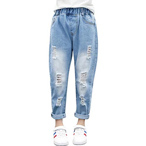 Evelin LEE Kids Girls Elastic Waist Ripped Holes Denim Pants Casual Distressed Jeans with Pockets