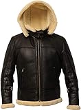 B3 Black Bomber Hood Real Shearling Leather Jacket Removable Hood (XL)