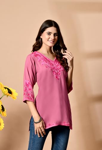 Image of Embroidered Chikankari Kurti with Kashmiri Aari Work, V-Neck, 3 /4 Sleeves, Rayon Fabric