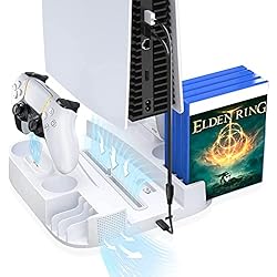 Ventilador Succionador KOPBTBOY Soporte para PS5 con ventilador y controlador de PS5, estación de carga para Sony Playstation 5, PS5, PS5, soporte con 8 ranuras para juegos, accesorios PS5, color blanco