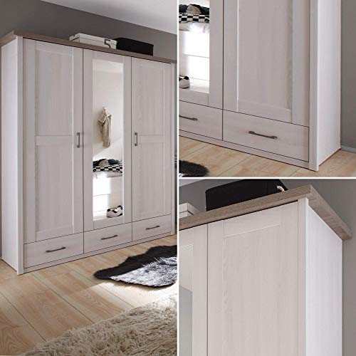 Stella Trading Stella Trading Eleganter Kleiderschrank im Landhausstil 3-türig - Vielseitiger Drehtürenschrank mit Spiegeltür in Pinie weiß / trüffel - 148 x 201 x 62 cm (B/H/T)