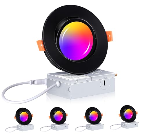 CLOUDY BAY - Paquete de 4 luces LED empotrables con cardán de 4 pulgadas, color RGBCW, compatible con Alexa y Google Home Assistant, no requiere concentrador, 2700K-6500K, clasificación IC, negro
