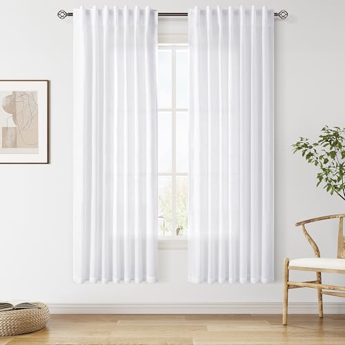 Image of Linen Curtains 72 Inch Long for Living Room Back Tab Snow White