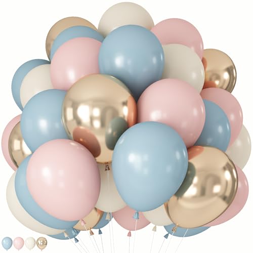Image of Gender Reveal Balloons, 60 Pcs 12 Inch Dusty Pink Blue Balloons, Chrome Gold Sand White Balloon for Boho Neutral Gender Reveal Baby Shower Birthday Boy or Girl Bridal Bear Theme Party Decorations
