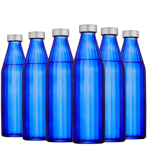 Image of SAND DUNE Navy BlueColour Glass water bottle, 800 ml Each, Set of 6, with Leak-Proof Airtight Stainless-Steel Lid for Water, Smoothie, Juices - Reusable Travel Glass Drinking Fridge Bottles
