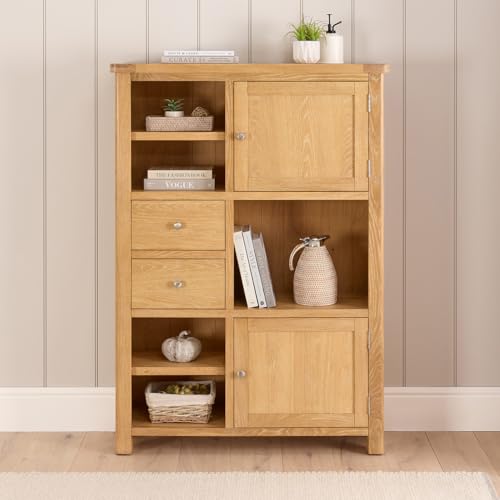 Image of Marbury Oak High Open Display Unit Bookcase | Solid Oak Storage Shelf with Cupboards & Drawers | Natural Oak Finish | Brushed Nickel Handles | Adjustable Shelves | Fully Assembled