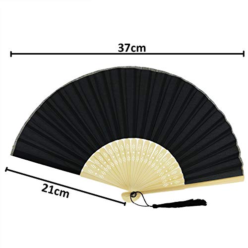 Image of Fabric Handheld Folding Hand Fan With a Tassel Grade A Bamboo Ribs for Women Girls Summer Party Event Favor Birthday Wedding Souvenir Gift (Black)