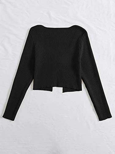 Floerns Women's Tie Front Long Sleeve Rib Knit Cardigan Crop Top Black M #TOP1