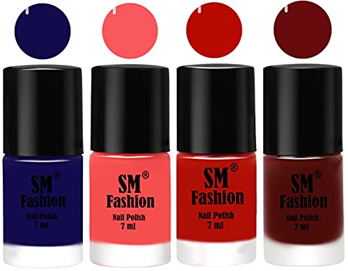 Image of Nail Polish Combo Set (Pack of 4) Quick Dry Gel Finish Nail Paint | Dark Blue,Light Pink,Red Orange,Wine Red | 7 ml Each