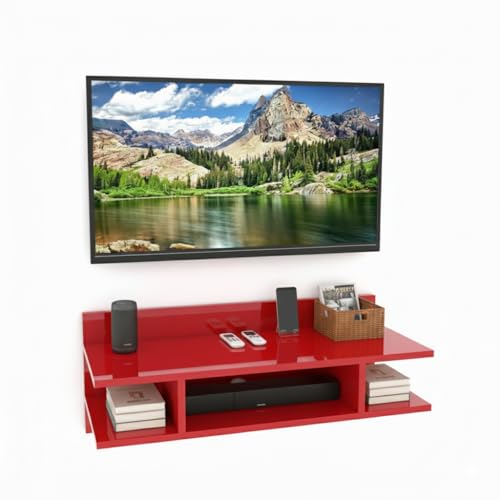 Image of Engineered Wood Set Top Box Stand | Wall Mounted TV Unit Shelf for Router, WiFi, DVD, Gaming Console | Sturdy & Space Saving TV Accessory Organizer (Brown, 50 x 20 x 15 cm) (Red)