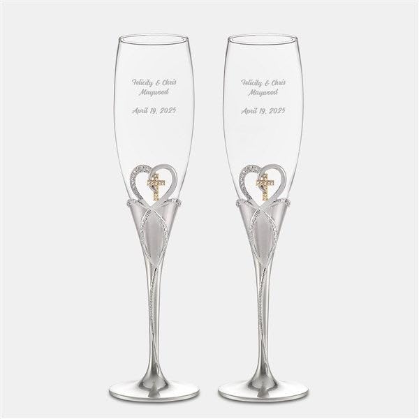 Personalization Universe Engraved Cross & Heart Personalized Wedding Champagne Flutes – Dual-Tone with Stones, Customizable Text, Gift Box Included, 10.3