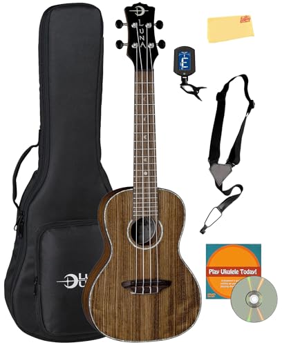 Luna Walnut Concert Ukulele Bundle with Gig Bag, Tuner, Strap, Austin Bazaar Instructional DVD, and Polishing Cloth