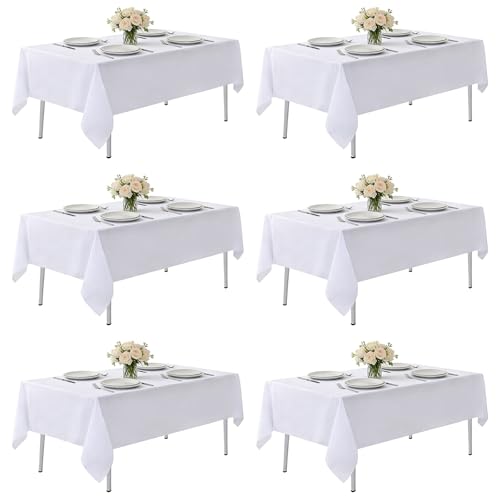 MRJ 6 Pack White Rectangle Tablecloth 70 X 120 Inch Stain and Wrinkle Resistant Table Clothes for Barbecue Picnic Dining Table Cover